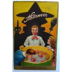 Vintage Halloween Postcard Nash Shadow Witch Embossed Series 2 Ducking Apples